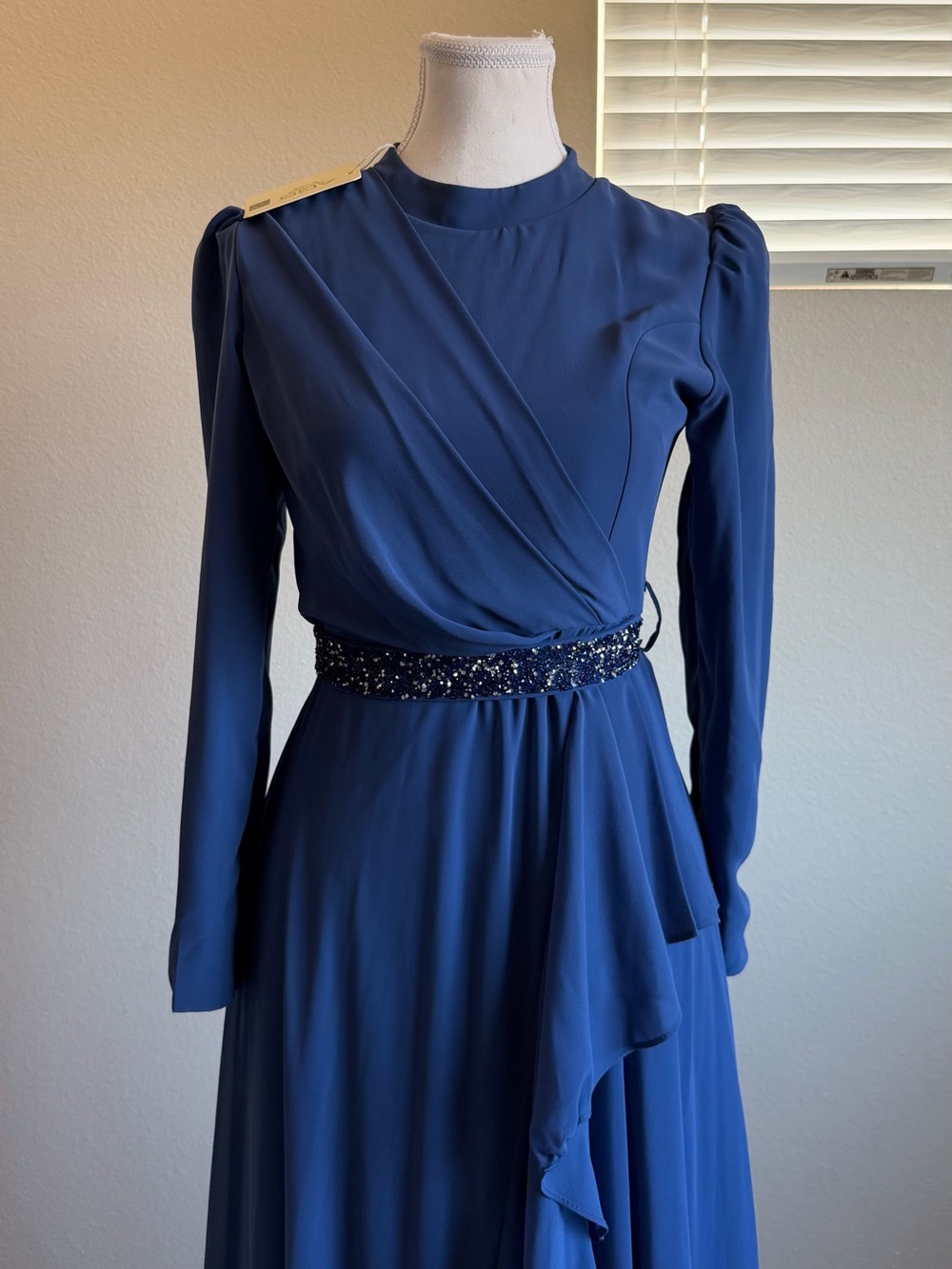 Elegant Navy Blue Long Sleeve Ruffle Maxi Dress - Picture 2 of 3